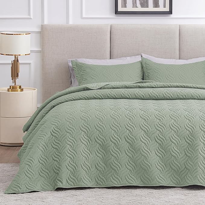 Love's cabin Twin Quilt Bedding Set Sage Bedspreads - Soft Bed Summer Lightweight Bedspread Comforter - Wave Pattern Bedding Coverlet for All Season - 2 Pieces (1 Quilt, 1 Pillow Sham)