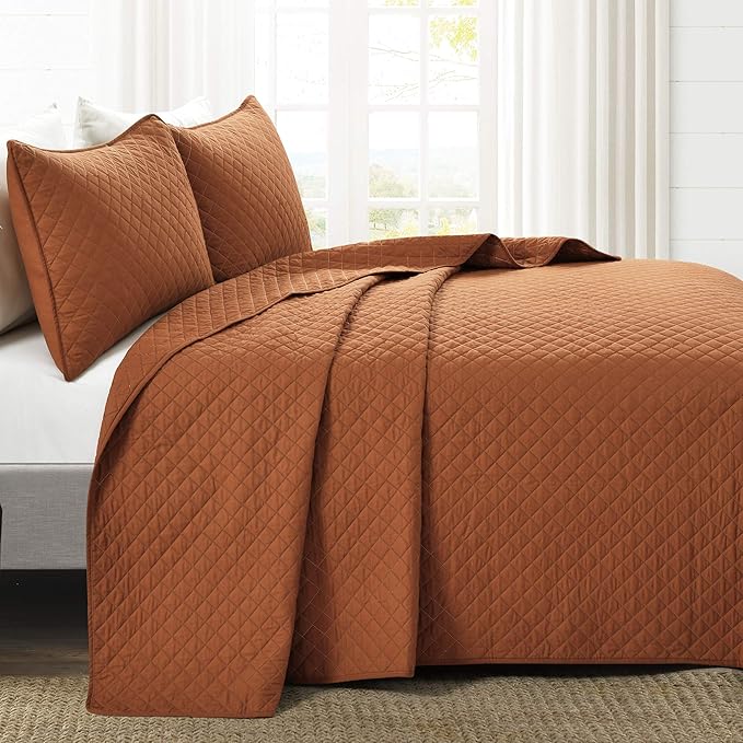 Lush Decor Ava Quilt Diamond Pattern Solid 3 Piece Oversized Bedding Blanket Bedspread Set - Full/Queen - Rust
