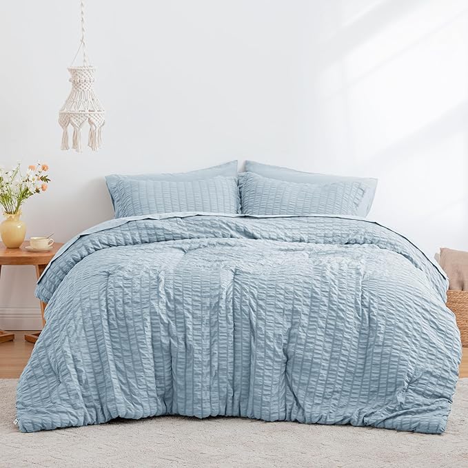Love's cabin Seersucker Light Blue Full Comforter Set, 7-Piece All Season Lightweight Bed in a Bag Bedding Set with Comforter, Flat Sheet, Fitted Sheet, Pillowcases and Shams | Soft, Breathable, Lightweight