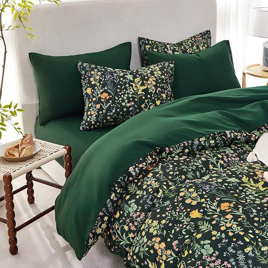 Wake In Cloud - Floral Duvet Cover Set, Shabby Chic Cottage Garden Botanical Flower Style with Elegant Wildflower Pattern, Soft Lightweight Bedding, 3 Pieces, Dark Green, Twin/Twin XL Size