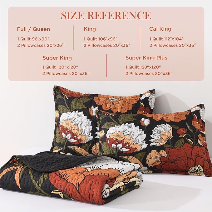 Andency Floral Boho California King Quilt Bedding Set Black, 3 Pieces Farmhouse Flower Botanical Summer Oversized King Bedspreads, Soft Reversible Lightweight Microfiber Coverlet Set, 104"x112"