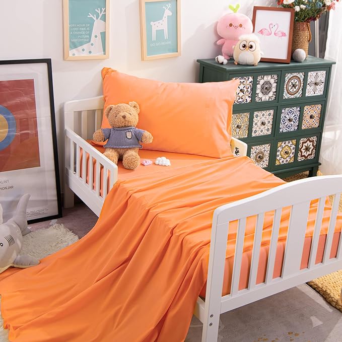 NTBAY Toddler Sheet Set - 3-Piece Microfiber Crib Sheet Set - Flat Sheet, Fitted Sheet, Pillowcase - Solid Toddler Bedding, Orange