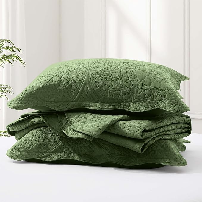 IR Imperial Rooms Twin Quilt Bedding Set Size (68” x 86”) + 1 Pillow Shams (20” x 26” + 2”) - 2 Pcs All Season Lightweight Reversible Microfiber Coverlet Floral Embossed Quilt Bedspread (Olive Green)
