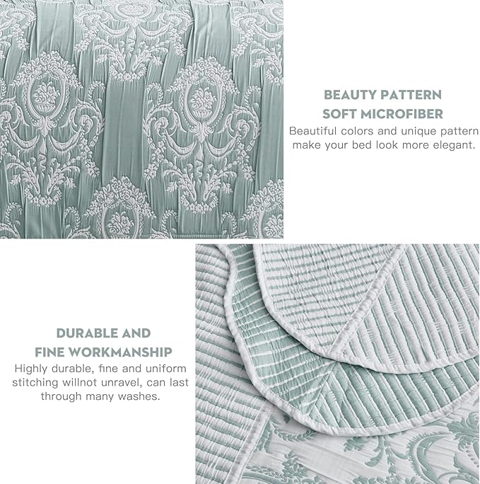 HZ & HY Oversized King Bedspread 128x120 Extra Wide, Jacquard Matelasse Damask Pattern Design, Lightweight, Reversible, 5 Piece, 100% Microfiber, Green
