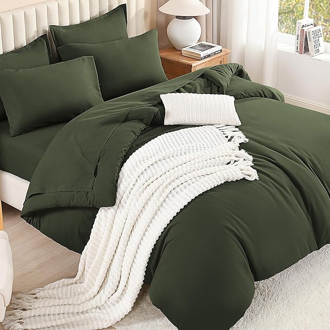 Litanika Dark Olive Green California King Size Comforter Set - 7 Pieces Bed in a Bag Cal King Bedding Comforter Sets, Plain Lightweight Bed Set with Comforter, Sheets, Pillowcases & Shams