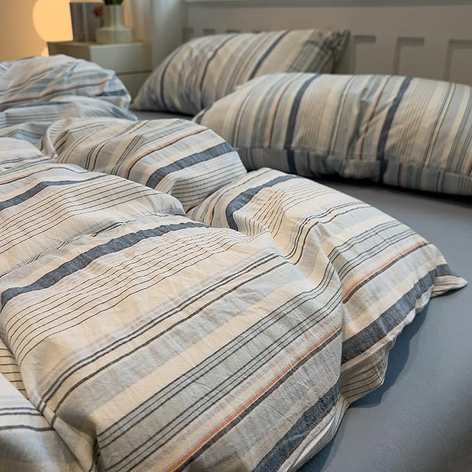 mixinni Vintage Blue and White Striped Duvet Cover Set King - 100% Washed Cotton 3 Piece Bedding Set with Geometric Pattern, Soft Breathable Comforter Cover with Zipper Closure & Corner Ties