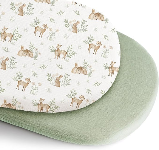 Konssy 2 Pack Muslin Bassinet Sheets for Boys, Girls, 100% Cotton Soft Breathable Fitted Bassinet Mattress Sheet, 32 x 16 inches (Woodland,Sage)