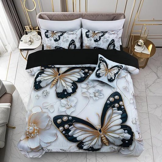 A Nice Night 6pcs Bed in A Bag Black and Glod Dreamy 3D Butterfly Printed, with Pearl Flower Design Butterflies Bedding Queen Comforter Set, for Girls Kids Teens