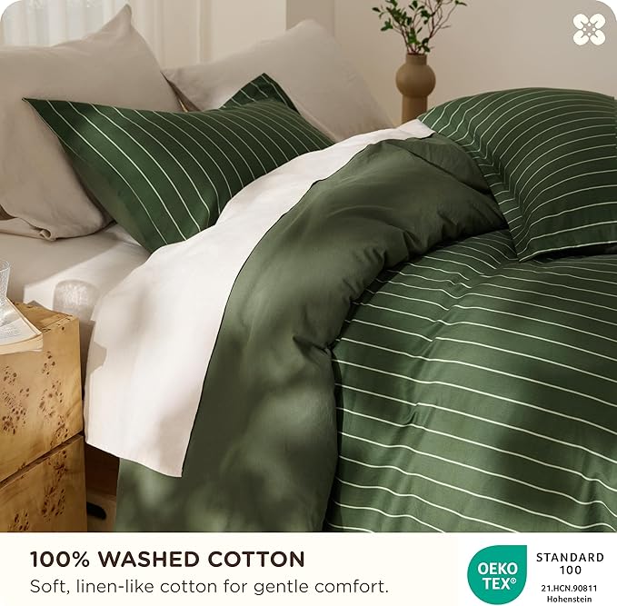 Bedsure Striped Duvet Cover Queen Size,100% Washed Cotton Duvet Cover Linen Like Textured, Classic Striped Pattern Enhances Bedroom Comfort and Style, Stripes Olive Green, 90"x90"