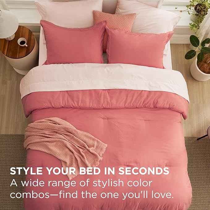 Bedsure Queen Comforter Set - 7 Pieces Coral Queen Bedding Set for All Seasons, Boho Contrasting Design Bed in a Bag with Comforter, Sheets, Pillowcases & Shams