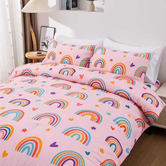 Btargot Lightweight Soft 3 Piece Rainbow Comforter Set with 2 Pillow Covers, Cartoon Love Hearts Flowers and Sun Moon Star Bedding Set for Girls Boys Kids, Queen Blush
