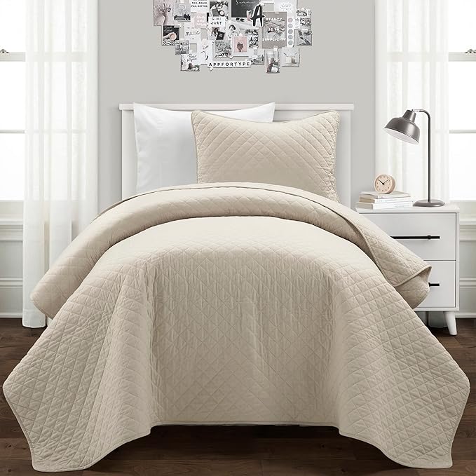 Lush Decor Ava Quilt Diamond Pattern Solid 2 Piece Oversized Bedding Blanket Bedspread Set - Twin-XL - Neutral