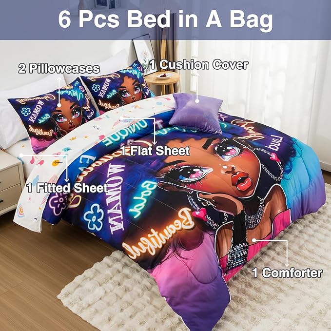 A Nice Night 6pcs Comforter Sets,Black Girl with Fashionable Attire Printing, Printed with Letters Background Kids Bedding Set,Queen