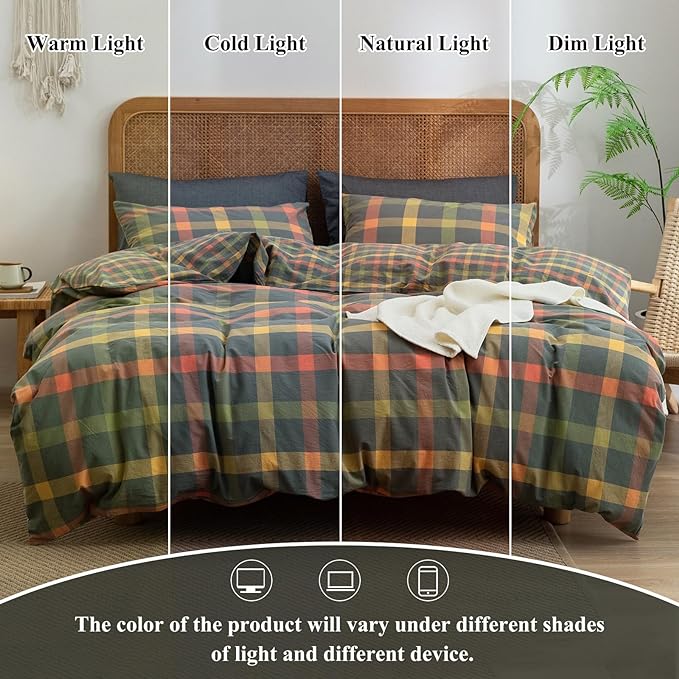 VM VOUGEMARKET Washed Cotton Bedding Set King Colorful Plaid Duvet Cover Set 3 Pieces Orange Grey Green Grid Duvet Cover with Zipper Ties for Men Women-104x90 Inch