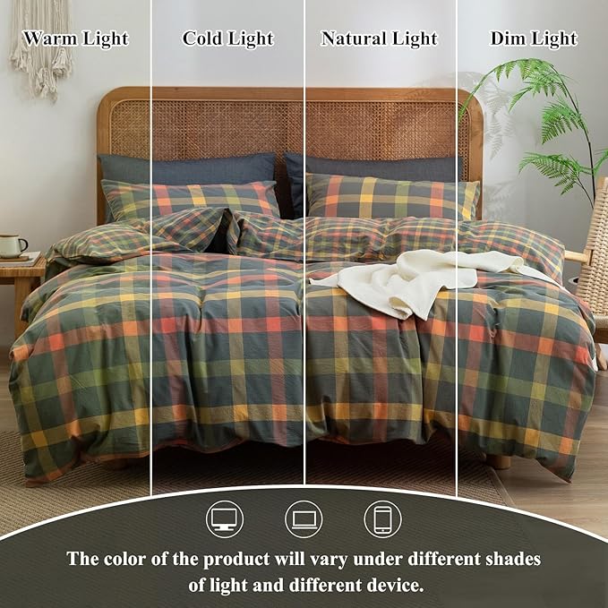 VM VOUGEMARKET Plaid Duvet Cover Set Queen Washed Cotton Reversible Bedding Multicolor Buffalo Grid Duvet Cover with 2 Pillowcases for Men Women(Orange/Grey/Green,Queen)