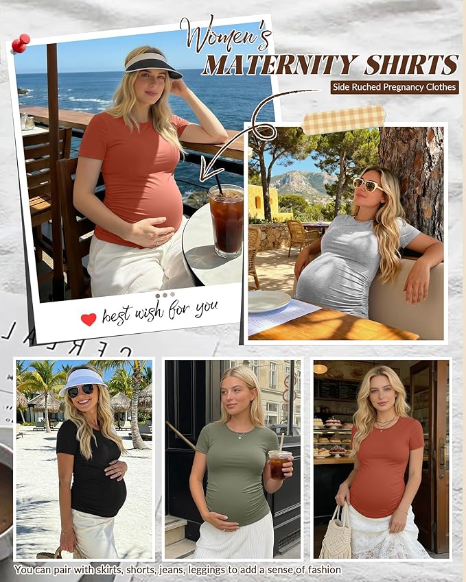 Huukeay 4 Pack Women's Maternity Shirts, Crew Neck Maternity Top Short Sleeve Casual Cotton Tee Side Ruched Pregnancy Clothes