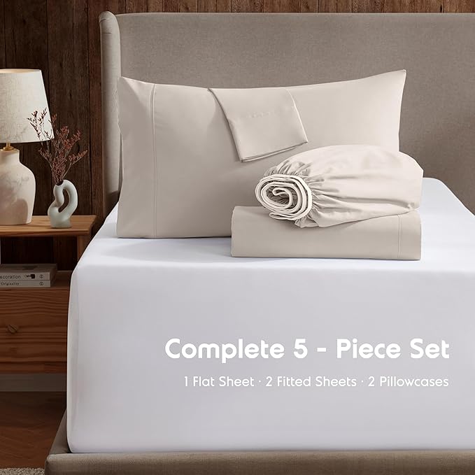 Nestl Split King Sheet Set - 1800 Ultra-Soft Microfiber Bed Sheets - Double Brushed - Deep Pockets - Easy Fit - 5 Piece Set - Bed Sheets & Pillowcases (Split King, Linen)