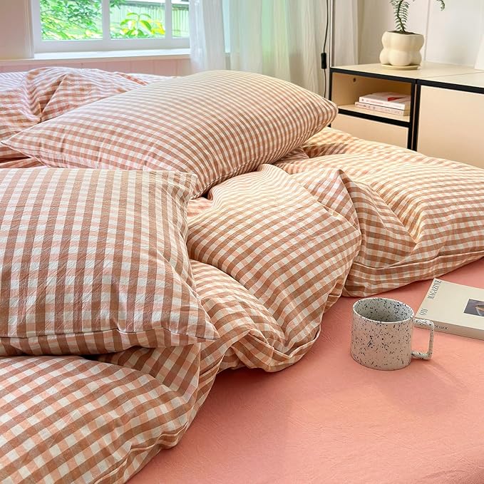 LifeTB Pink Gingham Comforter Set King Modern Style Pink Plaid Comforter Set Fluffy 3 Pieces Grid Checkered Pattern Boho Comforter with 2 Pillowcases Farmhouse Gingham Plaid Bedding Set King