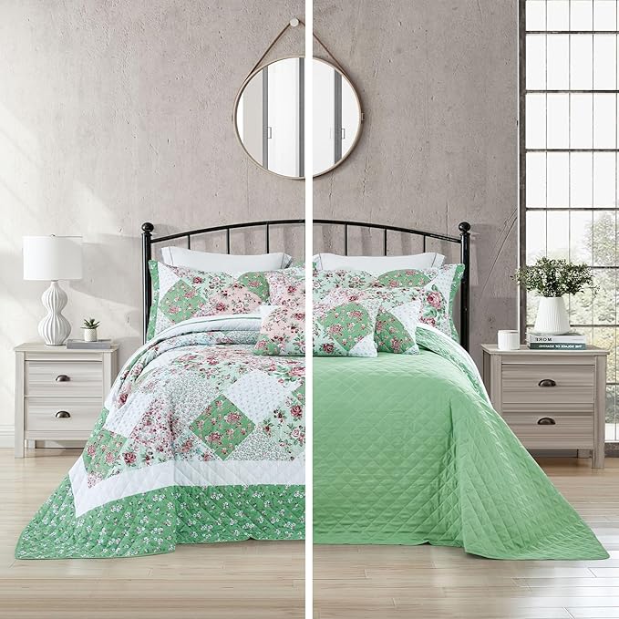 Oversized King Bedspread 128x120 Extra Wide, Farmhouse Patchwork Floral Quilt Bedding Cover, Reversible, 6 Piece, 100% Microfiber, King/California King, Rose