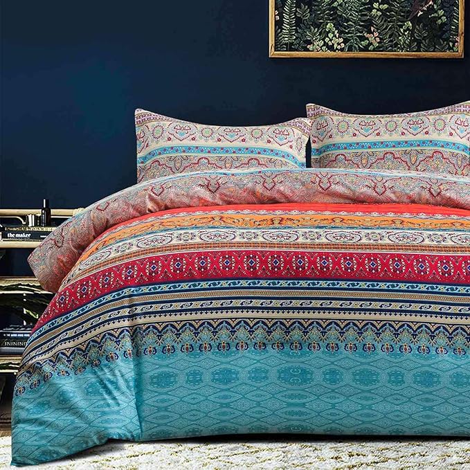 Nanko Comforter Set Queen Size, 3pc Boho Red Blue Colorful Retro Striped Pattern Print 88 x 90 inch Reversible Comforter Microfiber Duvet Sets Bedding Bohemian Exotic Modern Farmhouse for Men Women