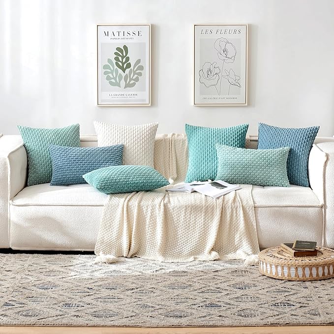 MIULEE Pack of 2 Decorative Throw Pillow Covers 18x18 Inch Soft Boho Striped Textured Corduroy Pillow Covers Modern Farmhouse Home Decor for Couch Bed Sofa Living Room Aqua Green