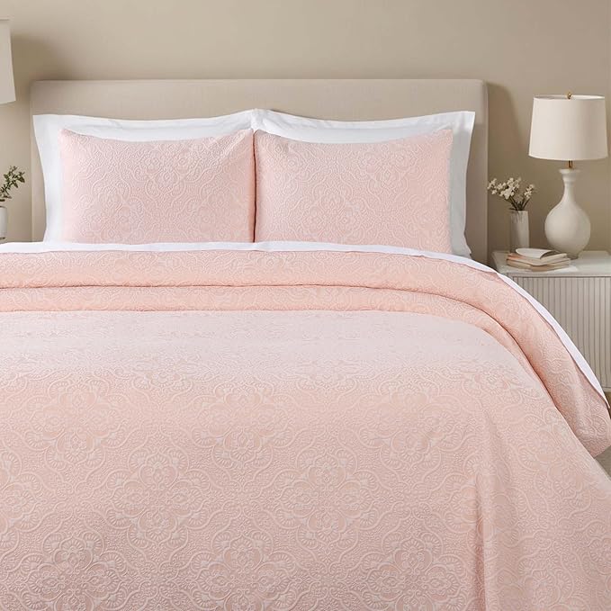 Superior 3 Piece Bedspread Set, Home Bed Decor, Decorative Bed Spread, 2 Pillow Shams, Medium Weight Blanket, Floral Matelasse Coverlet, Bedding Essentials, Enzy Collection, Full, Peach