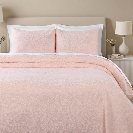 Superior 3 Piece Bedspread Set, Home Bed Decor, Decorative Bed Spread, 2 Pillow Shams, Medium Weight Blanket, Floral Matelasse Coverlet, Bedding Essentials, Enzy Collection, Queen, Peach