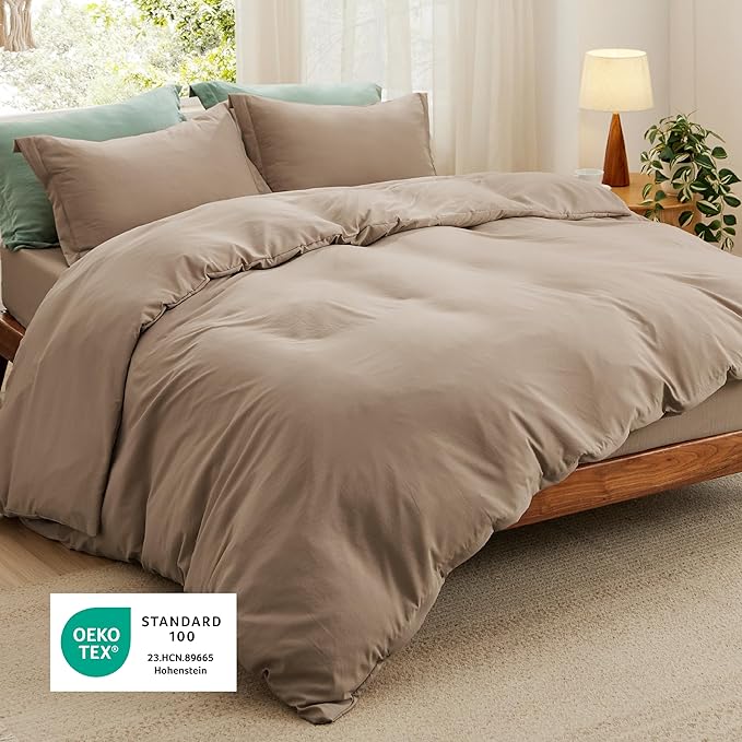 Bedsure Duvet Cover Full Size with Fitted Sheet - 4 Pieces Prewashed Cotton-Like Polyester Extra Soft Bedding Set, Includes 1 Duvet Cover 80x90 Inches, 2 Pillow Shams, 1 Fitted Sheet, Deep Beige
