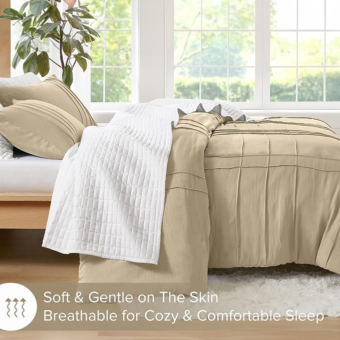 Comfort Spaces Khaki King Size Duvet Cover Set - 3-pc Pintuck Pleated, All Season Lightweight, Extra Soft Pre-Washed Microfiber Bed Cover With Shams