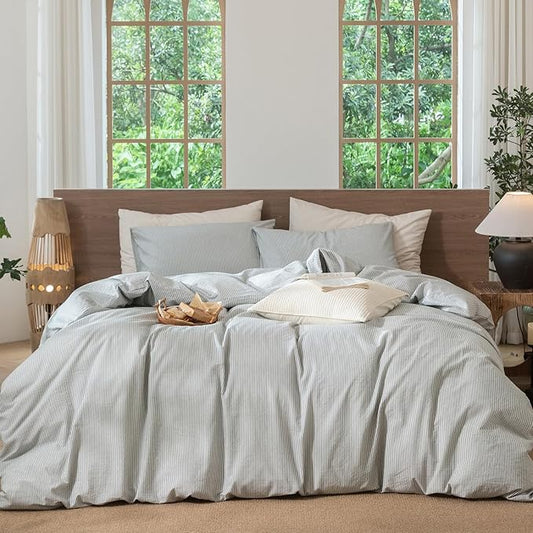 MooMee Striped Duvet Cover Set 100% Washed Cotton Linen Like Textured Breathable Durable Soft Comfy (Heathered Green Pinstripes, Oversized Full 82"x86")