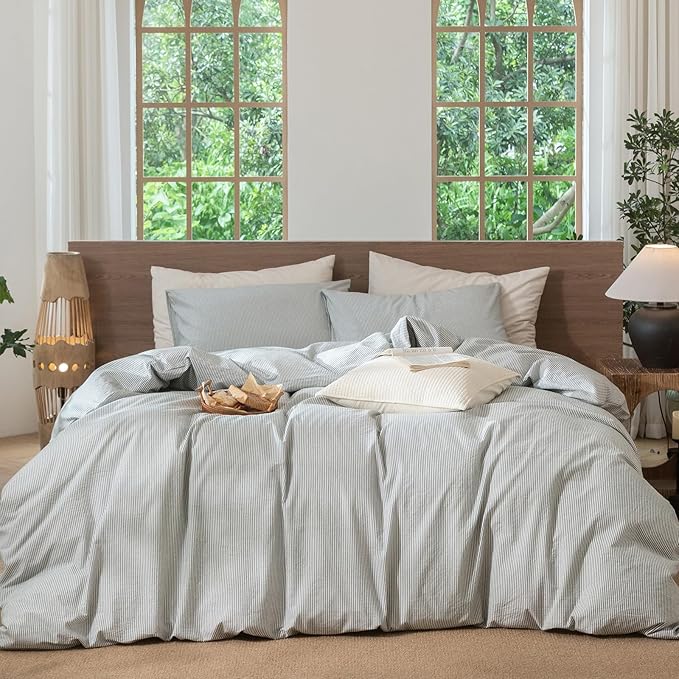 MooMee Striped Duvet Cover Set 100% Washed Cotton Linen Like Textured Breathable Durable Soft Comfy (Heathered Green Pinstripes, Oversized Queen 98"x98")