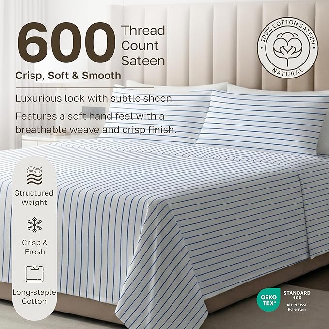 California Design Den Printed Striped Sheets Twin Size Bed Set - 600 Thread Count Sateen, Premium 100% Cotton Sheets with Deep Pockets - Classic Blue Stripe Print