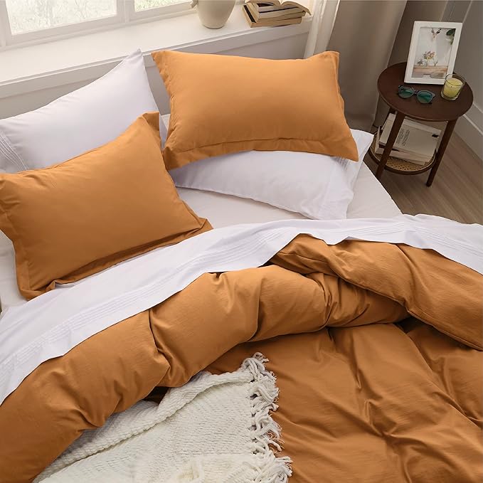 Bedsure Honey Ginger Duvet Cover Queen Size - 3 Pieces Prewashed Cotton-Like Polyester Extra Soft Bedding Set, Includes 1 Duvet Cover 90x90 Inches with Zipper Closure & 2 Pillow Shams, No Comforter