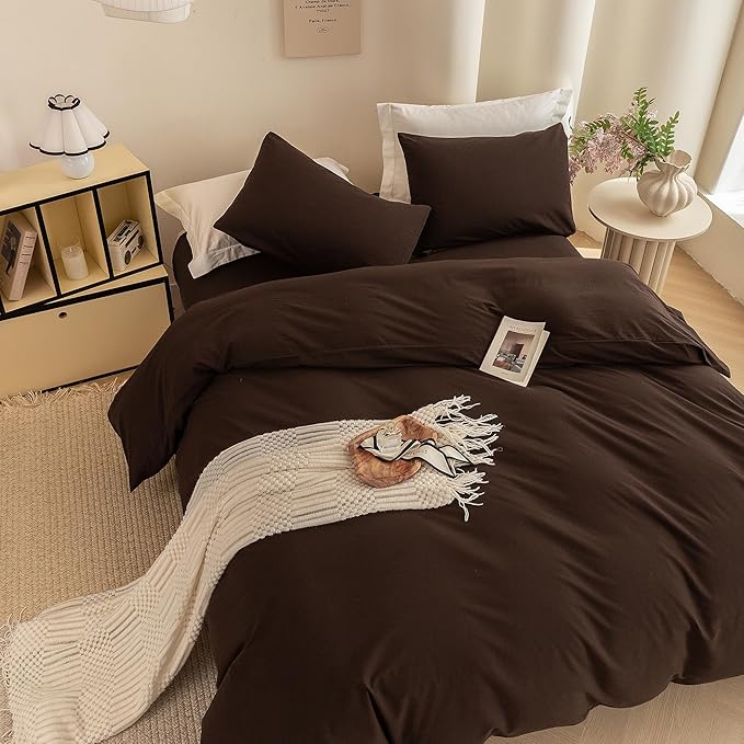 ECOCOTT Duvet Cover Queen Size -100% Washed Cotton Linen Like Textured Breathable Durable Soft Comfy Bedding Set with Zipper Closure & Corner Ties Chocolate Brown