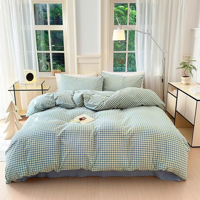 Plaid Duvet Cover Set Queen Blue Yellow Gingham Duvet Cover 100% Washed Cotton Reversible Plaid Bedding Multicolor Buffalo Grid Comforter Cover with 2 Pillowcases Luxury Soft Gingham Bedding Set