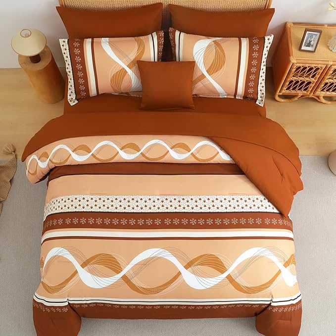 Anibedding Comforter Set Queen Size,8 Pieces Burnt Orange Bed in a Bag Patchwork Striped Bedding Sets,Boho Soft Microfiber Bedding Set for All Season(90"×90")