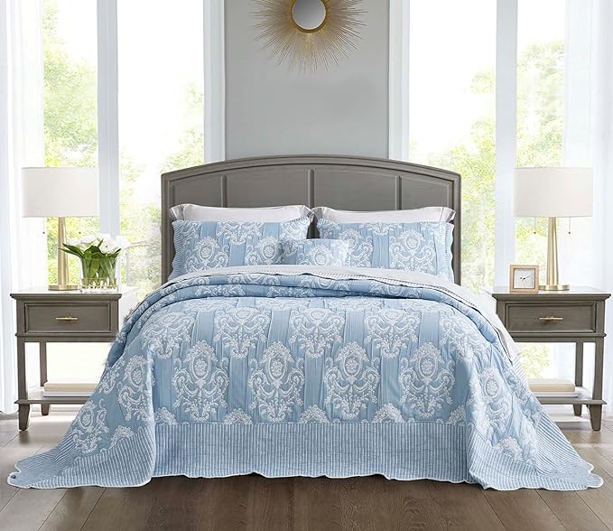 HZ & HY Oversized King Bedspread 128x120 Extra Wide, Jacquard Matelasse Damask Pattern Design, Lightweight, Reversible, 5 Piece, 100% Microfiber, Wathet Blue