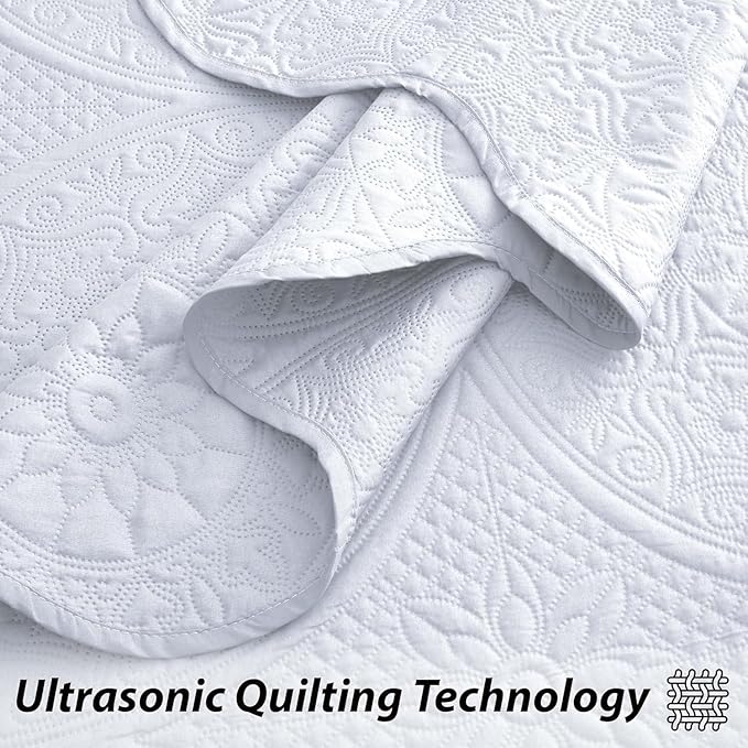 IR Imperial Rooms King Quilt Bedding Set Size (106" x 96") + 2 Pillow Shams (20" x 36"+ 2") - 3 Pcs All Season Lightweight Reversible Microfiber Coverlet Floral Embossed Quilt Bedspread (White)