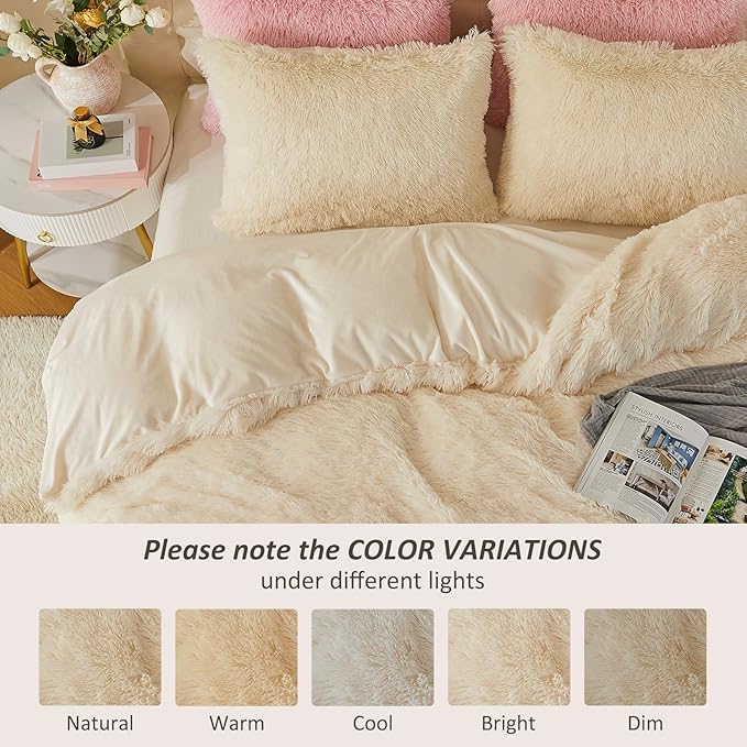EMME Luxury Fuzzy Duvet Cover Set Twin Size Fluffy Comforter Cover Set for Twin Bed 2 Pieces Shaggy and Plush Soft Bedding Duvet Covers (Cream White, Twin)