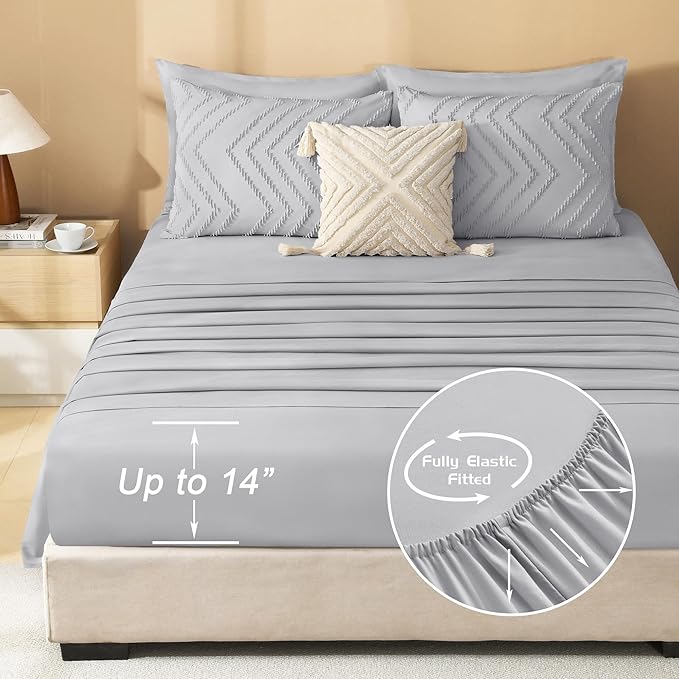 Litanika Light Grey King Size Comforter Set with Sheets - 7 Pieces Bed in a Bag King Boho Tufted Complete Bedding Sets with Comforter, Sheets, Pillowcases & Shams