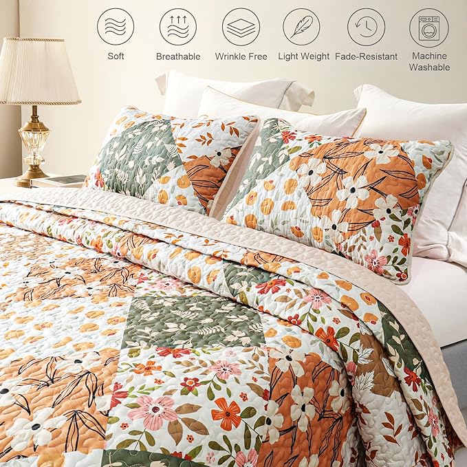 Whale Flotilla Patchwork Quilts Queen Size, Extra Soft Boho Floral Bedspreads for Bed Reversible Lightweight Full Queen Quilt Bedding Set Printed Coverlets with 2 Pillow Shams for All Seasons, Orange