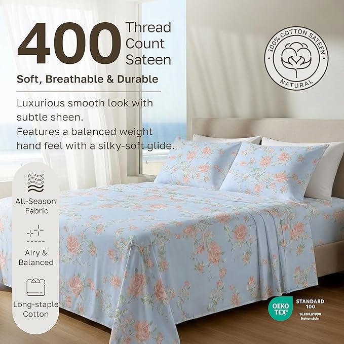 California Design Den Printed Twin XL Sheet Sets - 400 Thread Count Sateen, Natural 100% Cotton Sheets, Deep Pockets, and Durable Bedding Set - Antique Rose