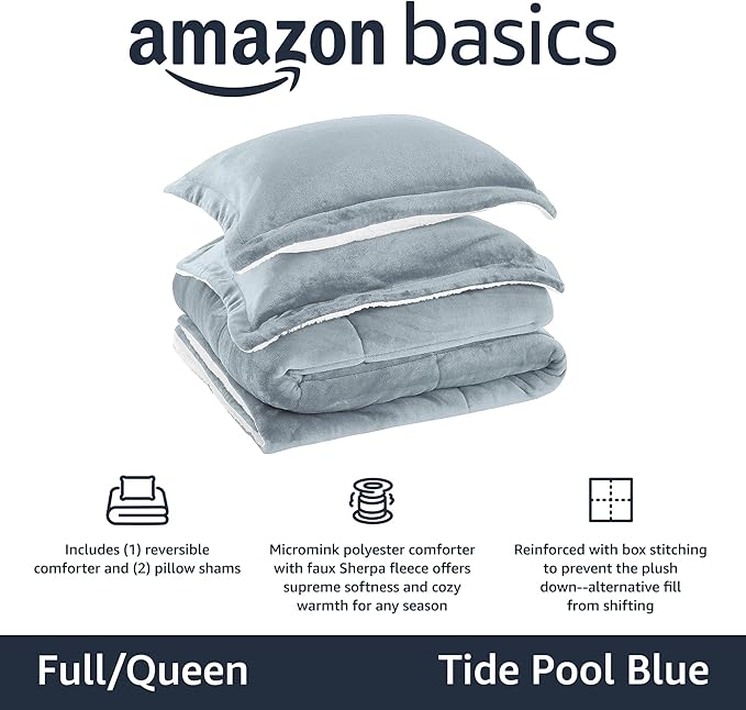 Amazon Basics 3 Piece Bedding Set, Micromink Sherpa, Ultra-Soft, Warm All Season Comforter, Full/Queen, Tide Pool Blue, Solid