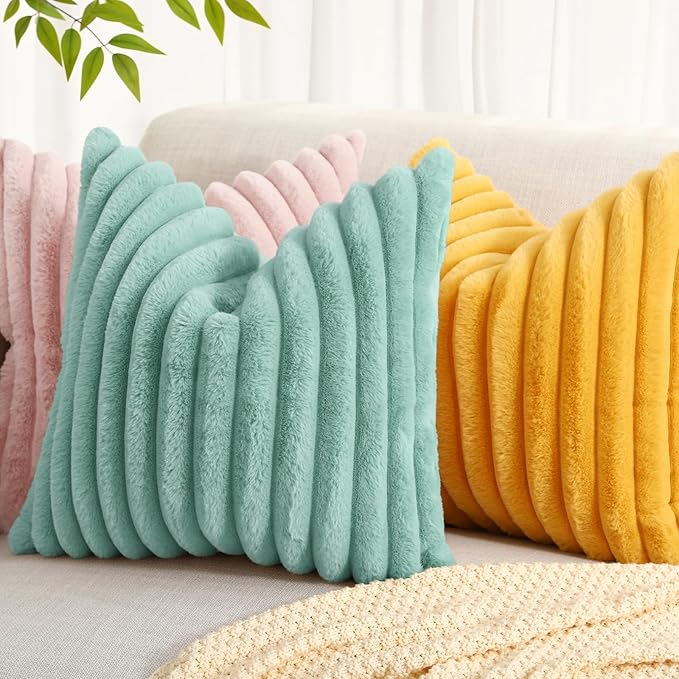 decorUhome Cozy Faux Fur Spring Throw Pillow Covers 18x18 Set of 2 Decorative Soft Plush Striped Modern Farmhouse Boho Couch Pillow Cases with Velvet Back for Sofa Bed Living Room, Aqua