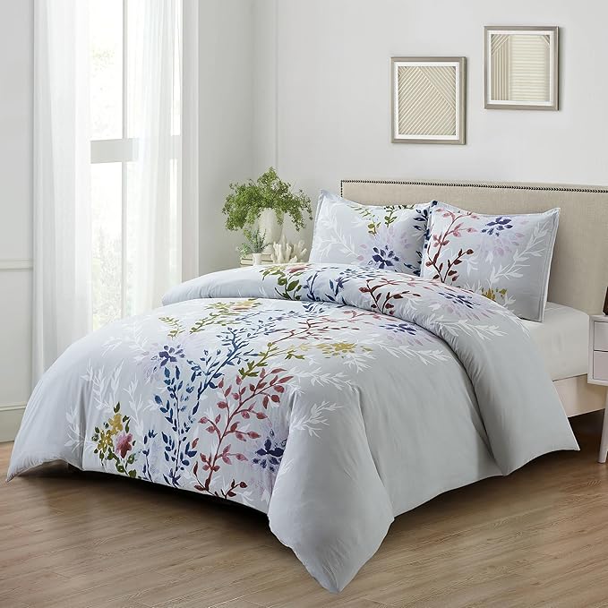 Style Quarters 3PCS King Duvet Cover Set 100% Cotton Duvet Cover with White Leafy Silhouettes Cotton Duvet Cover King Size Machine Washable Includes 1 Duvet Cover + 2 Shams (King)