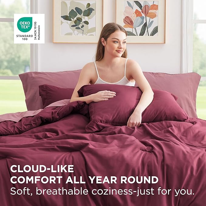 Bedsure King Size Comforter Set - 7 Pieces Burgundy King Bedding Set for All Seasons, Boho Contrasting Design Bed in a Bag with Comforter, Sheets, Pillowcases & Shams