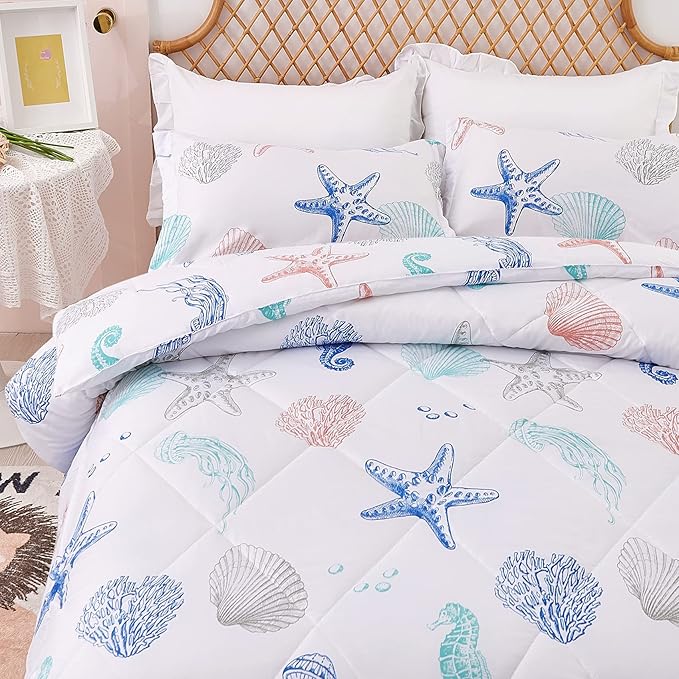 JSD Beach Theme Kids Comforter Set Full Size, 3 Piece Jellyfish Starfish Shell Printed Comforter with Pillow Shams, Lightweight All Season Washable