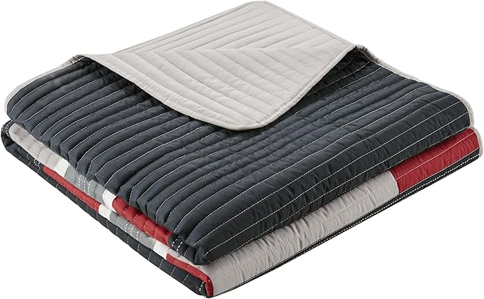 Comfort Spaces CS14-0864 3 Piece Quilt Coverlet Bedspread All Season Lightweight Hypoallergenic Pipeline Colorblock Kids Bedding Set, Full/Queen, Pierre Black/Red Stripe