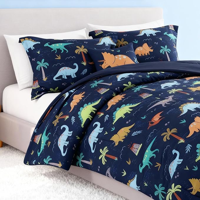 Kids Comforter Set Full Size for Boys, Navy Dinosaur Bedding Set 1 Comforter, 1 Decor Pillow, 2 Pillow Shams