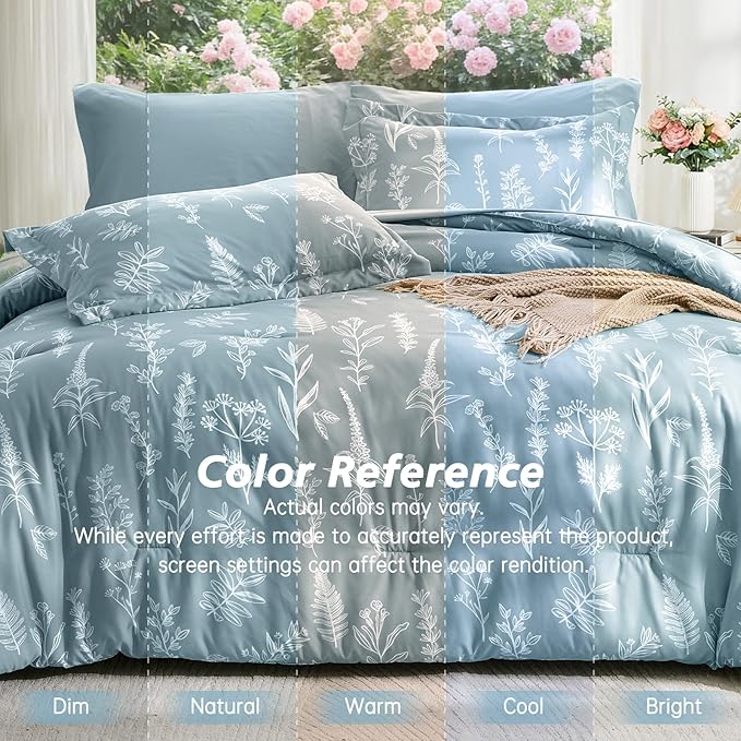 MUXHOMO Mineral Blue Full Comforter Set, Elegant Floral Print Bed in a Bag 7 Pieces, Ultra Soft & Breathable Reversible Botanical Pattern Bedding Set with Comforter, Sheets, Pillowcases, and Shams